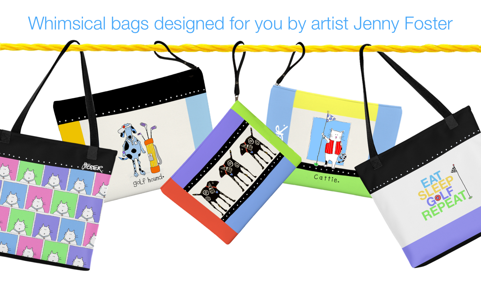 A slide with the text "whimsical bags designed for you by artist Jenny Foster" and several sample bags hanging on a clothesline 