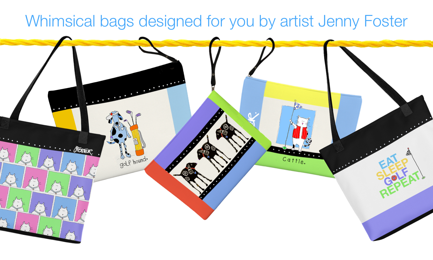 A slide with the text "whimsical bags designed for you by artist Jenny Foster" and several sample bags hanging on a clothesline 