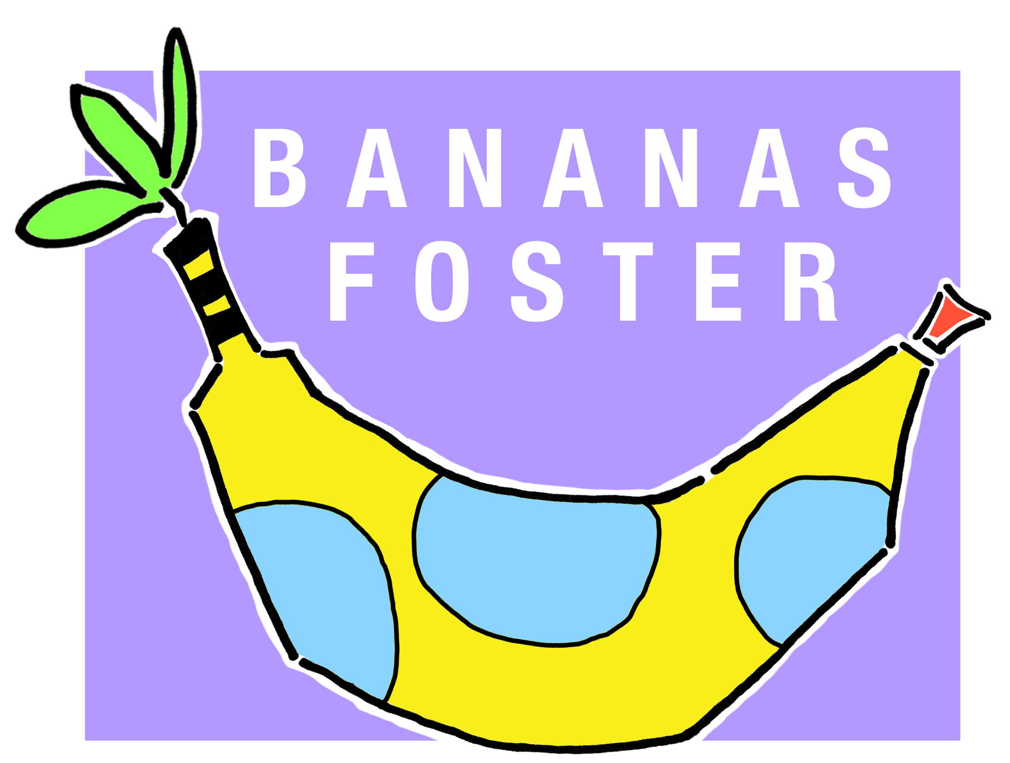 The Bananas Foster Logo. A Cartoon rendition of a banana with light blue spots on a purple background