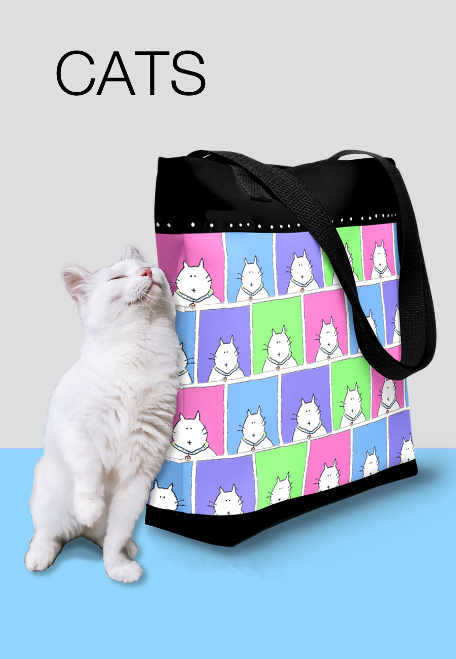 A slide featuring a tote bag by Jenny Foster with a cat themed illustration on it