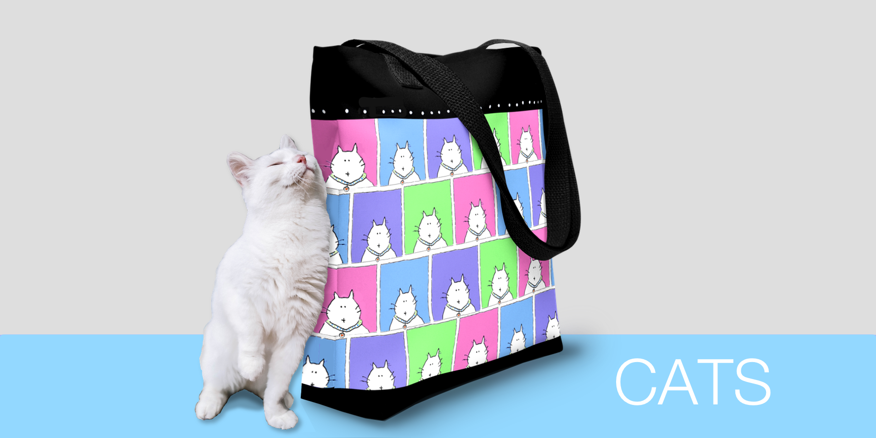 A slide featuring a tote bag by Jenny Foster with a cat themed illustration on it