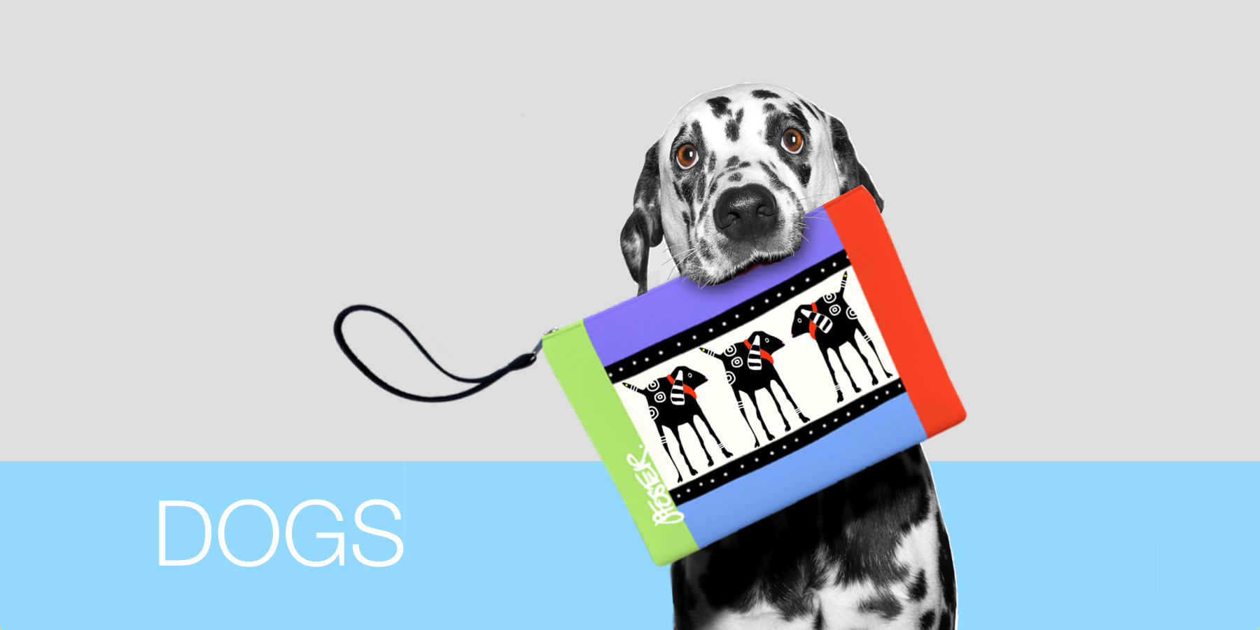 A slide featuring a dog holding a Jenny Foster zipper bag in its mouth