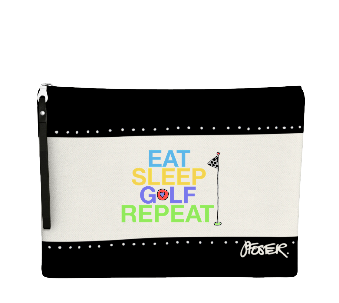 The front of the EAT SLEEP GOLF REPEAT ZIPPER BAG by Jenny Foster