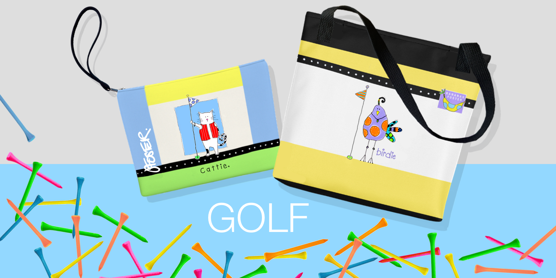 A slide featuring an example of a zipper bag and tote bag featuring Jenny Foster illustrations related to golf