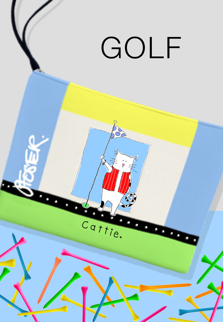 A slide featuring an example of a zipper bag featuring a Jenny Foster illustration related to golf