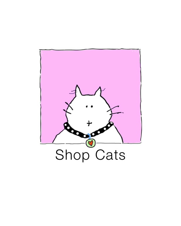 A cartoon rendition of a cat against a pastel pink background