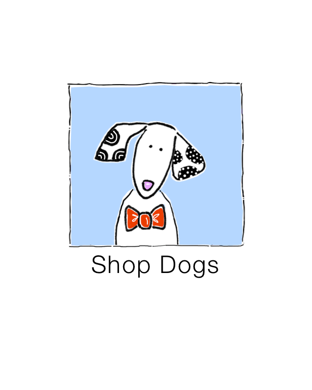 A cartoon rendition of a dog with a bow tie against a pastel blue background