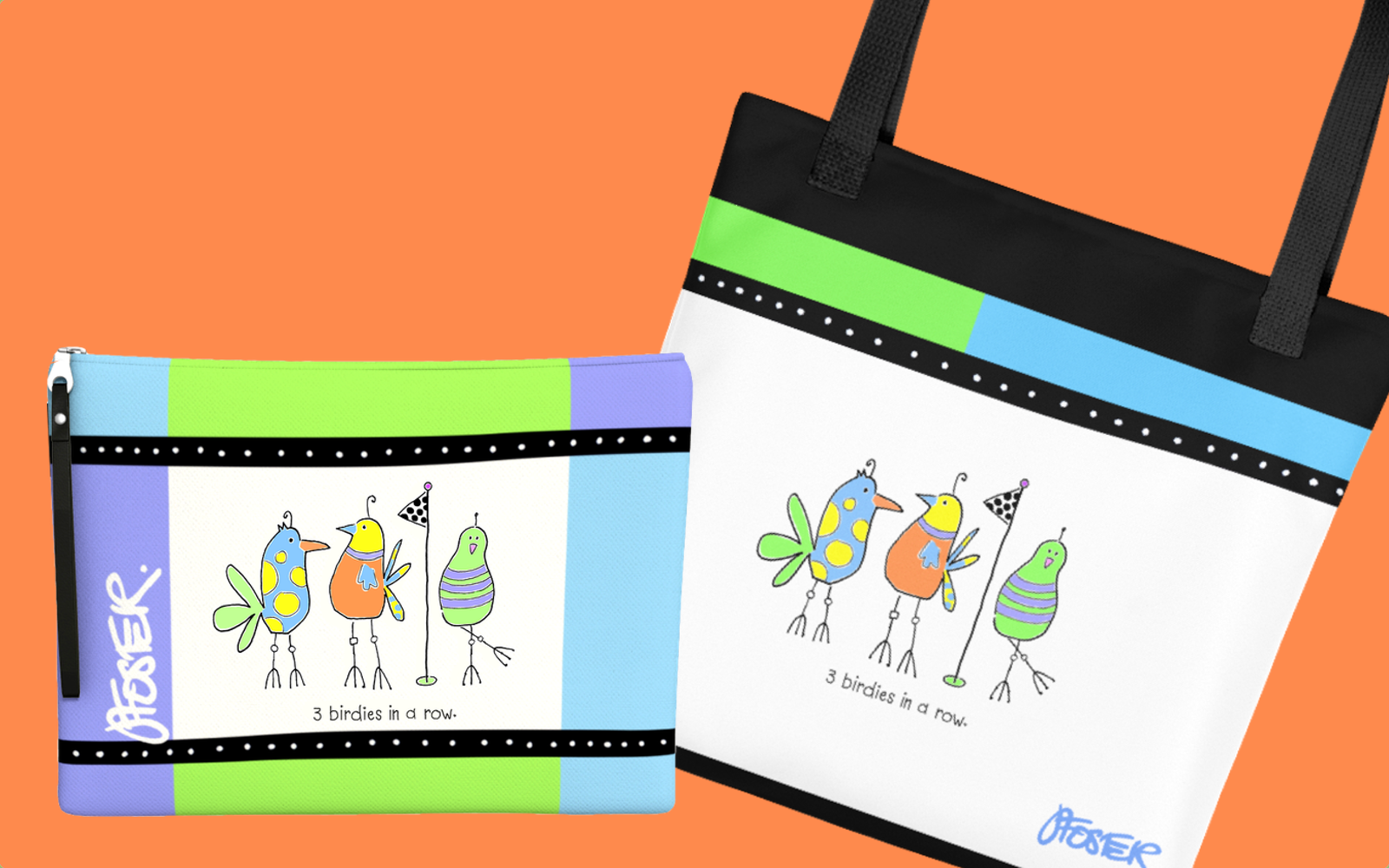 The previous 2 slides' sketch with color now featured on zipper and tote bags