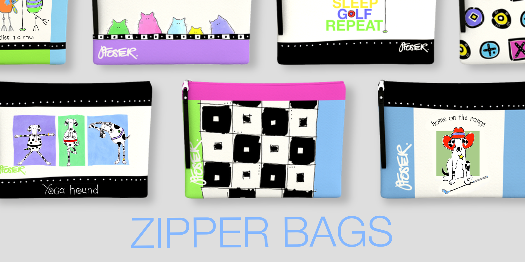 A slide featuring 7 Jenny Foster zipper bags of various designs