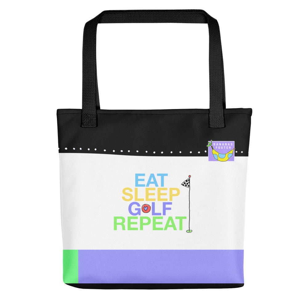 The back of the EAT SLEEP GOLF REPEAT TOTE BAG by Jenny Foster