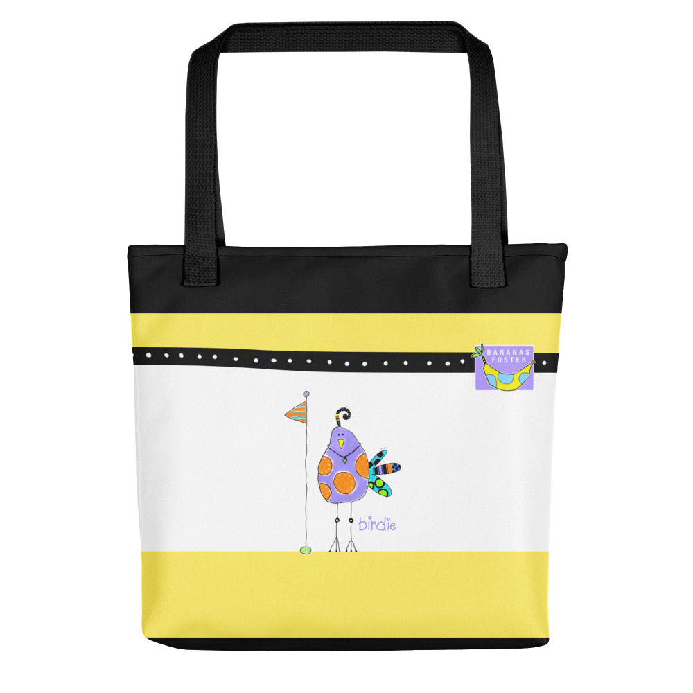 The back of the PURPLE BIRDIE TOTE BAG by Jenny Foster