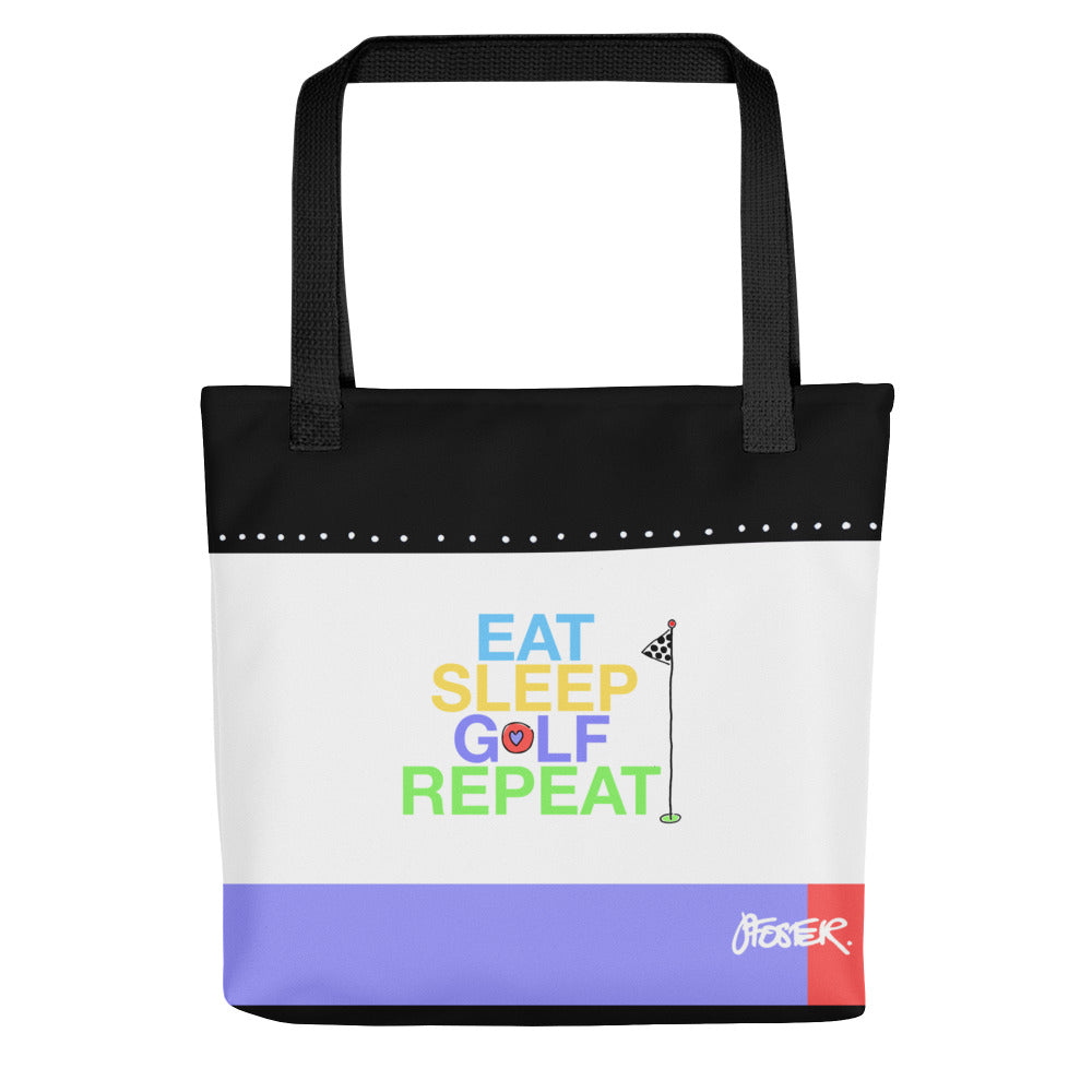 The front of the EAT SLEEP GOLF REPEAT TOTE BAG by Jenny Foster