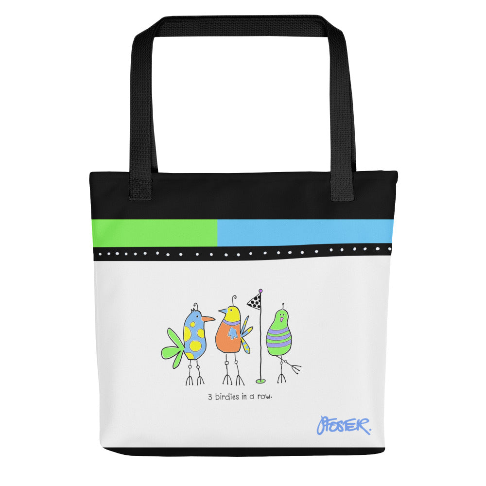 The front of the 3 BIRDIES IN A ROW TOTE BAG by Jenny Foster