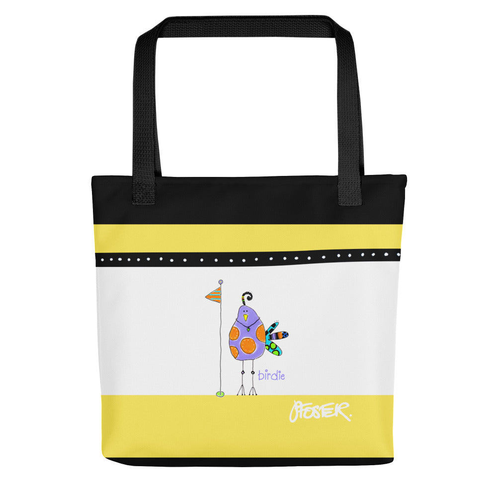 The front of the PURPLE BIRDIE TOTE BAG by Jenny Foster